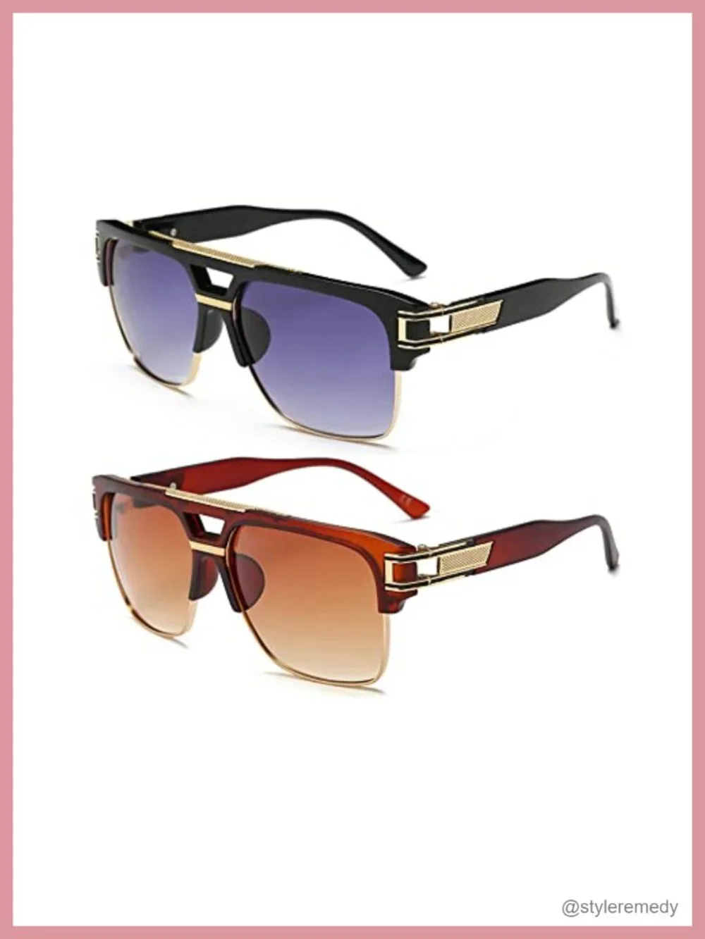 Retro Oversized Square Sunglasses Semi-Rimless Gold Alloy Frame UV400 Protection